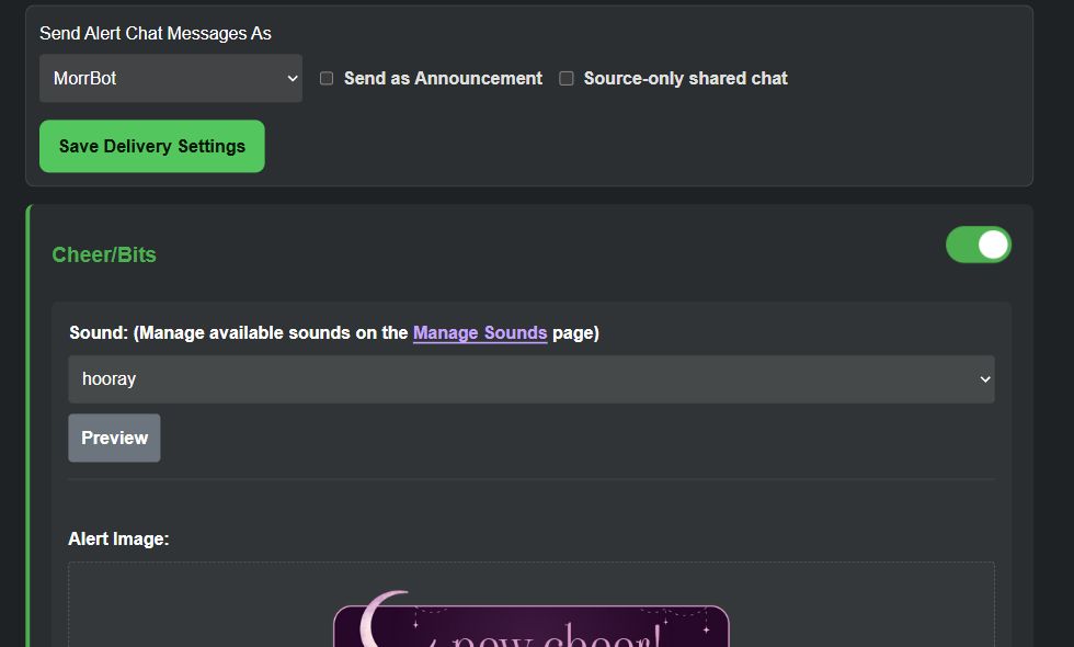 MorrBot alert settings configured to send chat messages and play a cheer sound.