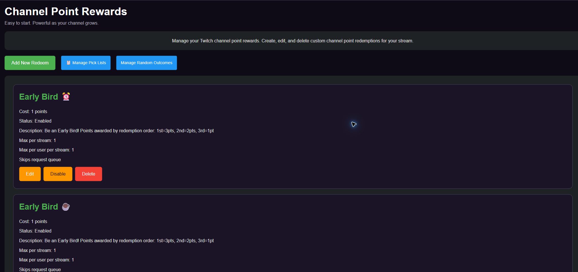 MorrBot Channel Point Rewards page showing APotatoMermaid’s Early Bird redeems.