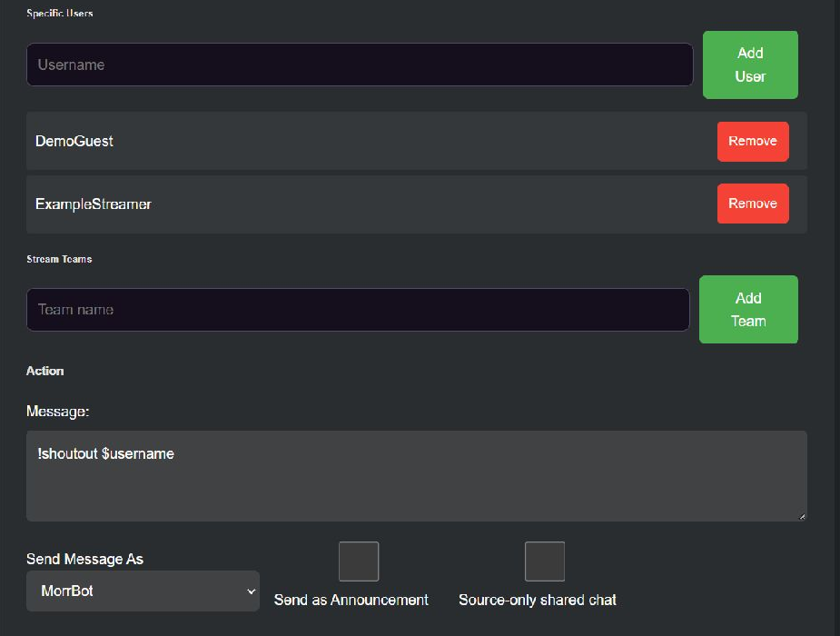 MorrBot screenshot of Auto-shoutouts with walk-ons verification and live use