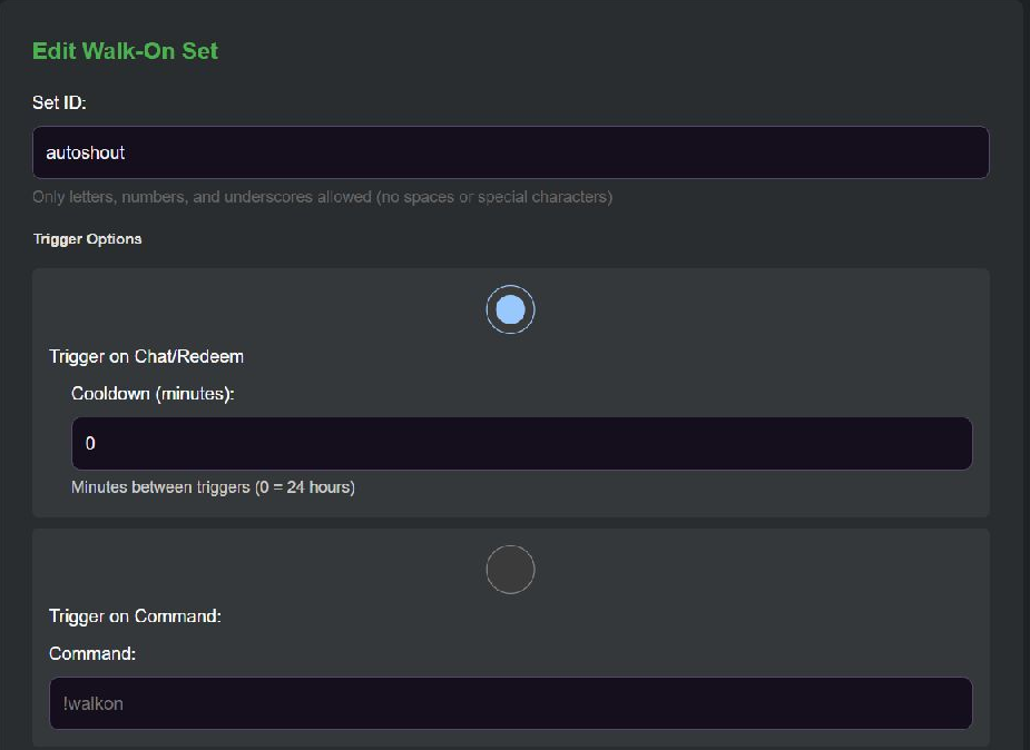 MorrBot screenshot of Auto-shoutouts with walk-ons setup