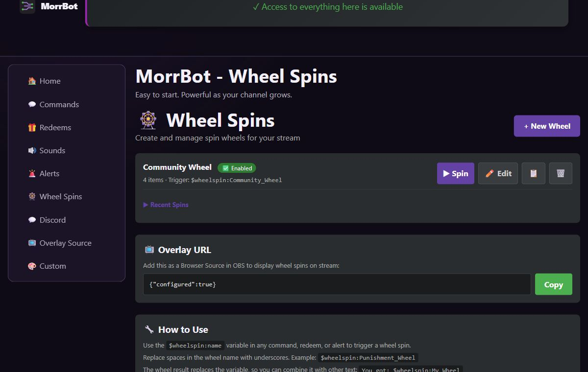 MorrBot screenshot of Channel-point wheel spin verification and live use