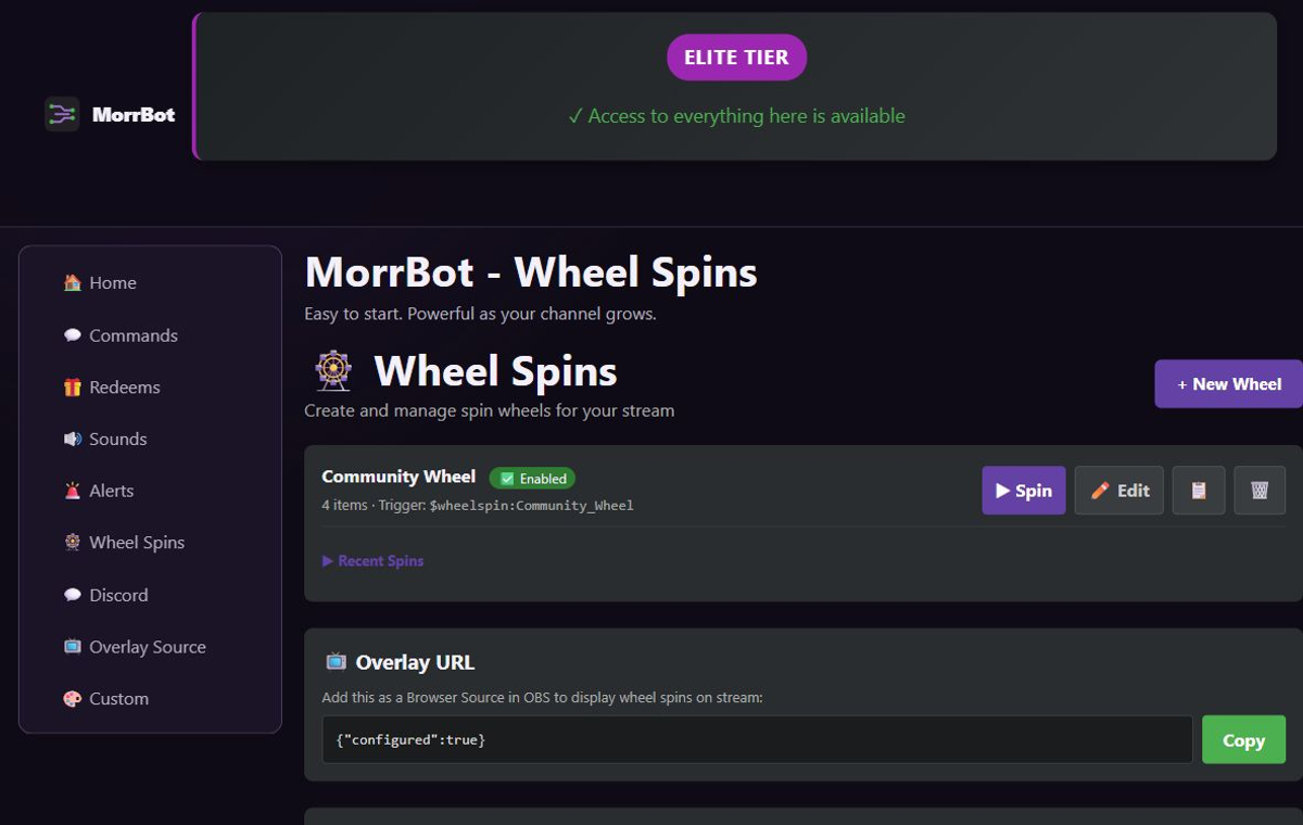 MorrBot screenshot of Channel-point wheel spin setup
