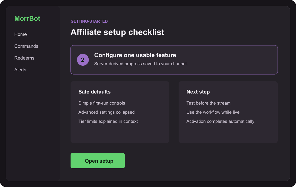 MorrBot screenshot of Affiliate setup checklist setup