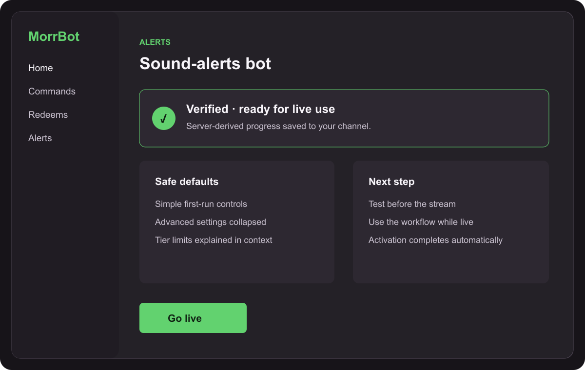 MorrBot screenshot of Sound-alerts bot verification and live use