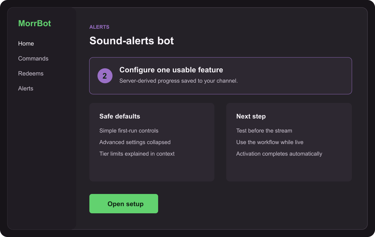 MorrBot screenshot of Sound-alerts bot setup